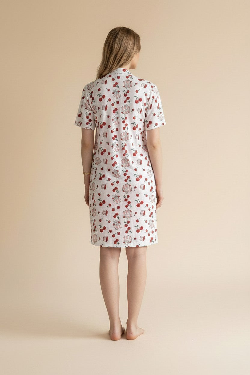pyjama two-piece robe featuring a white short-sleeve design with a red cherry and cake print, back view