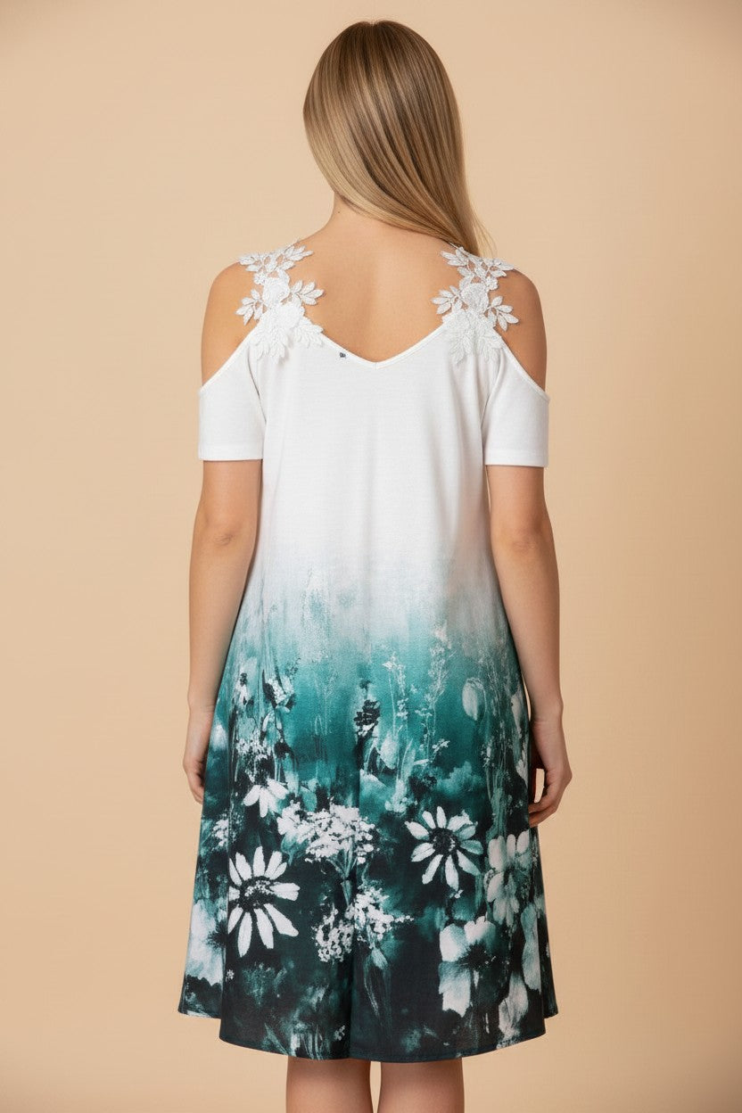 pyjama Two Straps Dress with white to olive green gradient, botanical print, and floral shoulder accents, back view