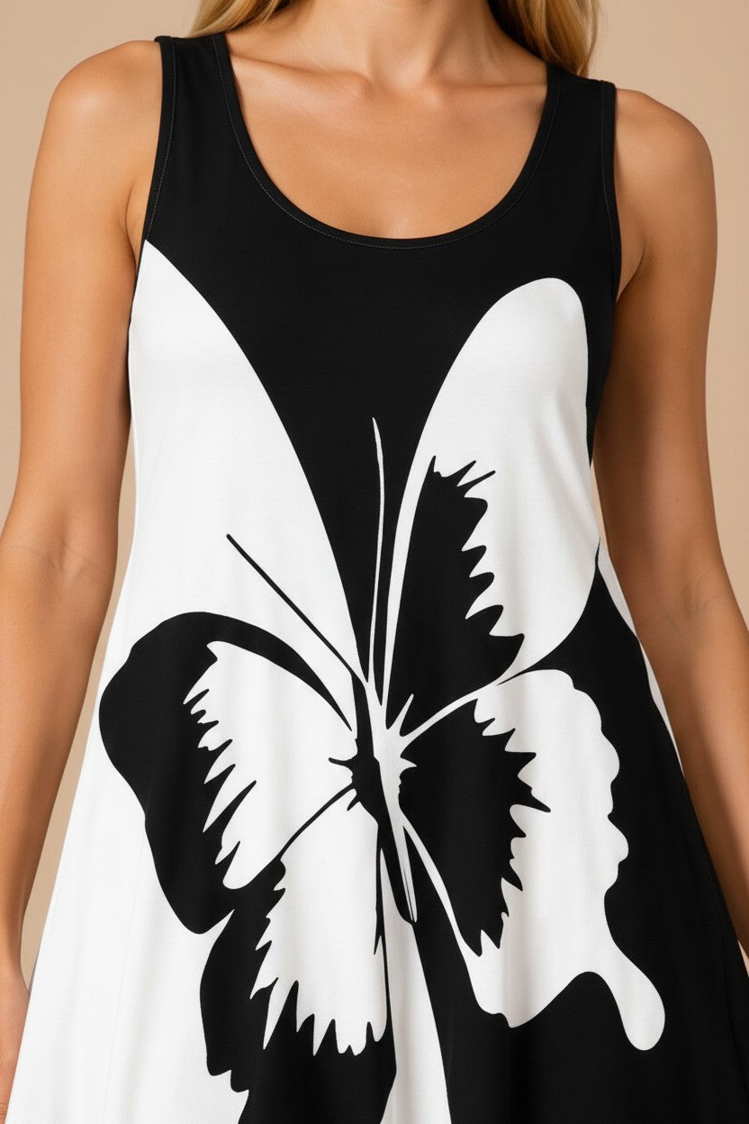pyjama Monarch Butterfly dress featuring a bold black and white oversized butterfly print with a relaxed scoop neck