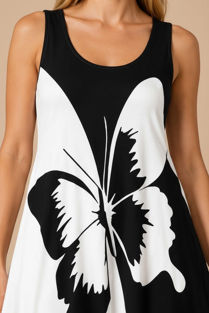 pyjama Monarch Butterfly dress featuring a bold black and white oversized butterfly print with a relaxed scoop neck