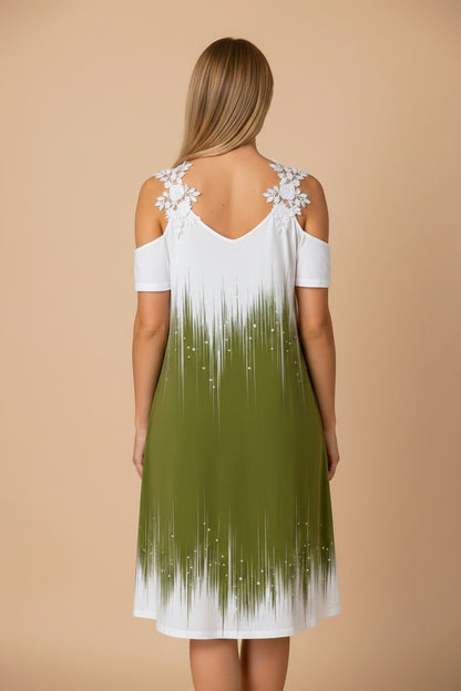 pyjama Olive Garden dress with white and olive green gradient, botanical print, and floral cold-shoulder detailing