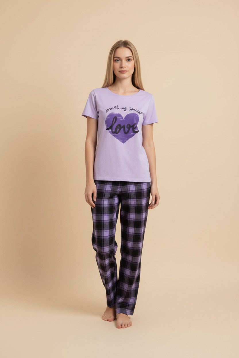 pyjama women's purple cotton pajama set with a heart graphic t-shirt and purple and black plaid trousers