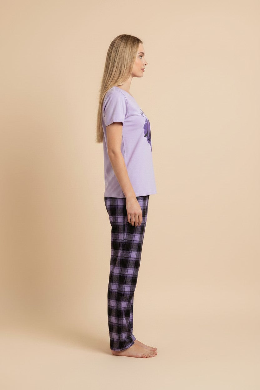 pyjama women's purple cotton pajama set with a graphic t-shirt and purple plaid trousers, side view