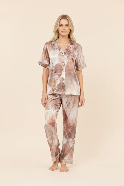 pyjama women's silk pajama set in a brown and white marble print with short sleeves and button-down shirt